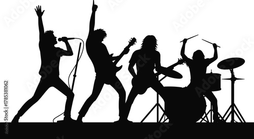 Live Rock Band Silhouette Vector: Music Concert Stage Performance, Drummer, Guitarist, Vocalist Art