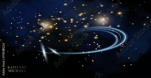 Magic night dark blue sky with sparkling stars vector wedding invitation. Andromeda galaxy. Gold glitter powder splash background. Golden scattered dust.