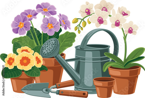 Gardening Composition with Potted Flowers, Watering Can, and Tools Vector Illustration