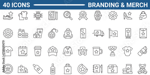 Set of 40 outline icons related to branding and merch. Linear icon collection. Editable stroke. Vector illustration