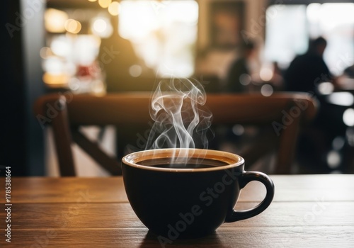 Steaming cup of black coffee on wooden table, warm lighting and blurred crowd in cafe interior