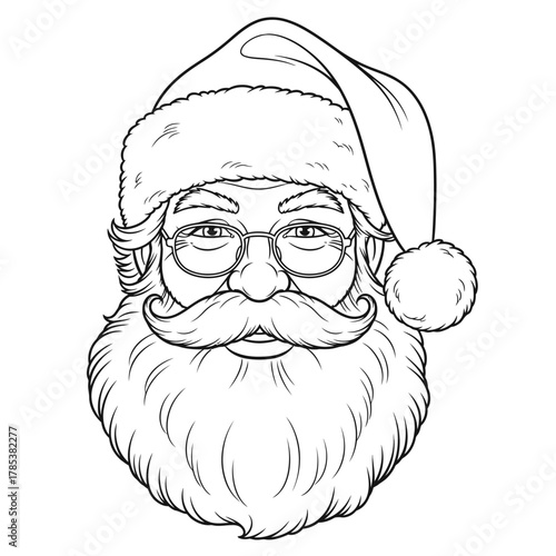 Black and white illustration of Santa Claus's face, with glasses and a fluffy beard.