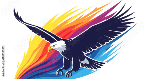 Majestic Bald Eagle Soaring Through Vibrant Abstract Flames and Colors