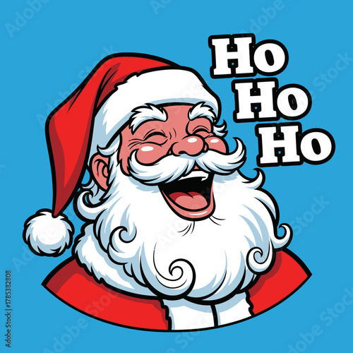Vibrant cartoon illustration of a laughing Santa Claus with a big white beard and red hat, exclaiming 'HO HO HO' on a bright blue background.