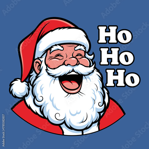A cartoon illustration of a jolly Santa Claus laughing heartily with the text 'Ho Ho Ho' on a blue background.