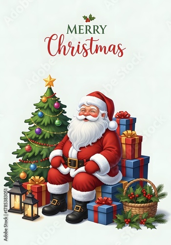 Santa Claus sitting beside decorated Christmas tree with gifts and lanterns, festive holiday greeting card with 