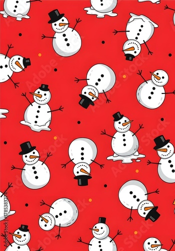 festive red background with playful snowman pattern, cheerful Christmas holiday design for wrapping paper or fabric

