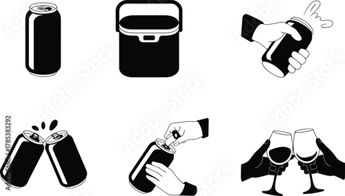 Beverage Vector Icons of Soda Can, Cooler, Toasting Glasses, Hand Gestures, Celebration, Drink Motion, Party, Refreshment, and Cheers