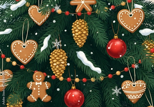 Close-up of a lush Christmas tree adorned with gingerbread hearts, red baubles, pinecones, and golden garlands, dusted with snow for cozy holiday charm and festive sparkle

