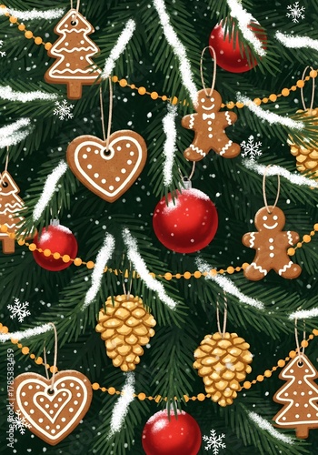 Close-up of a decorated Christmas tree with gingerbread hearts, red baubles, pinecones, and golden garlands, capturing cozy holiday charm and festive warmth

