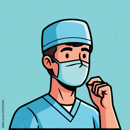 Illustration of a medical professional in surgical attire with a face mask, emphasizing healthcare and safety protocols