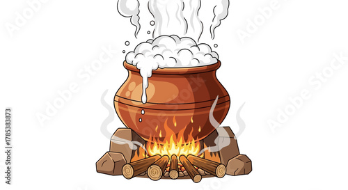 Traditional clay pot boiling over an open fire, overflowing with foamy liquid and steam, symbolizing a harvest festival celebration.