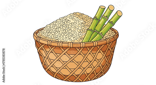 A woven basket overflowing with a pile of rice and a few stalks of sugarcane.