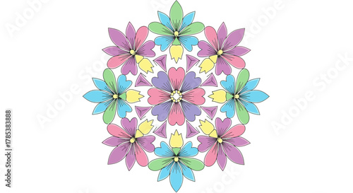 A symmetrical floral mandala design with pastel-colored flowers and hearts on a white background.