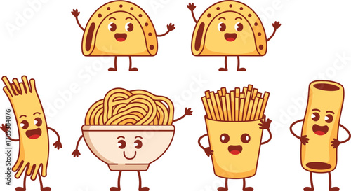 Playful anthropomorphic food characters, smiling tacos, happy spaghetti, cheerful noodles bowl, cute French fries, funny rigatoni pasta, cartoon illustration, kids education, whimsical design,