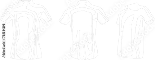 The image features three stylized, line-drawn representations of a T-shirt, showcasing different perspectives: front, back, and side view