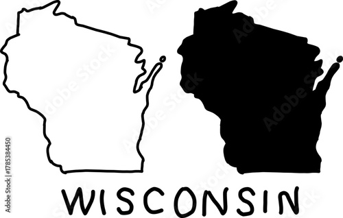 Minimalist Wisconsin state outline design showing black and white map silhouettes with bold typography, perfect for prints, stickers, or educational use.

