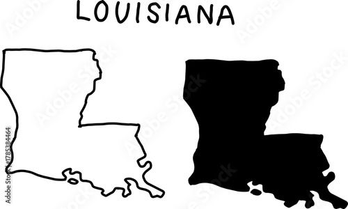 Minimalist Louisiana state map illustration featuring black silhouette and white outline. Ideal for education, travel art, posters, and geographic design projects.

