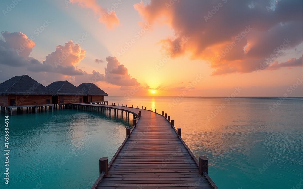 Fototapeta premium Sunset on Maldives island, luxury water villas resort and wooden pier. Beautiful sky and clouds and beach background for summer vacation holiday and travel concept. High quality