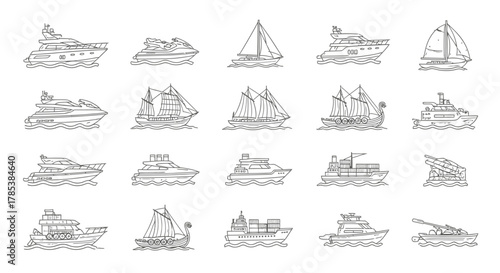 Boats yachts ships vector illustration set outline drawing style