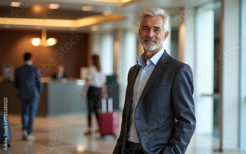 Wallpaper Mural Travel, reception and mature man with luggage in hotel for business meeting, hospitality or check in. Service, concierge woman and person with suitcase for welcome, vacation or sales convention Torontodigital.ca