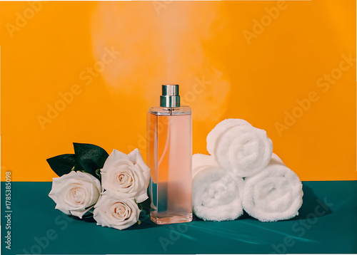 Elegant pink rose water spray bottle with blooming roses and petals, soft mist effect, natural skincare and cosmetic concept, bright floral still life in luxury spa style.