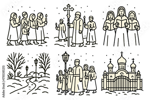 Orthodox Procession with Candles. Orthodox New Year Festive Procession outline icon set: people with candles, cross bearer, choir singers, lanterns, snow path, church gate.