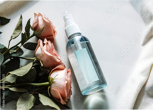 Elegant pink rose water spray bottle with blooming roses and petals, soft mist effect, natural skincare and cosmetic concept, bright floral still life in luxury spa style.