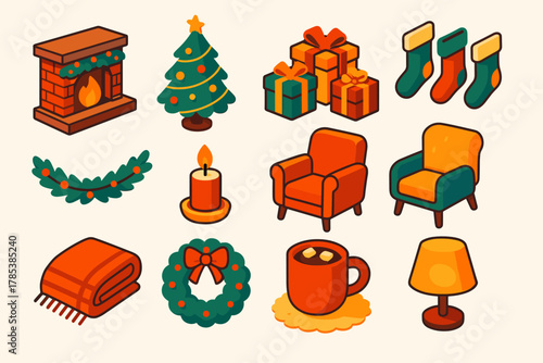 Festive Living Room Icons. Christmas Cozy Living Room modern flat icon set: fireplace, glowing tree, wrapped gifts, stockings, garland, candlelight, armchair, cocoa mug, blanket,