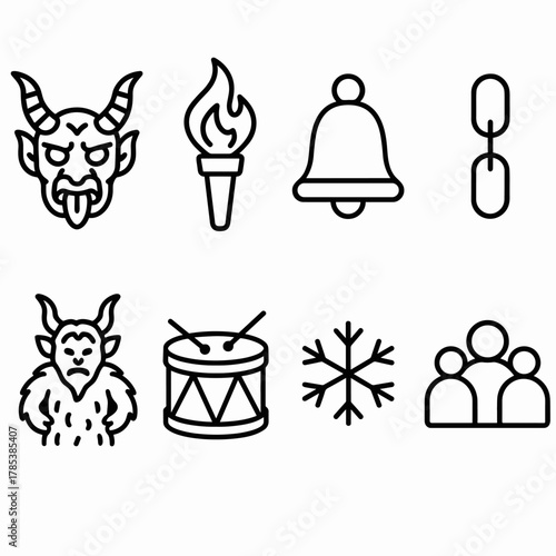 Krampus Festival Icons. Krampus Street Celebration outline icon set: Krampus mask, torch flame, bell, chain, fur costume, drum, snowflake, crowd silhouette.