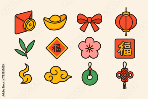 Spring Festival Icons. Spring Festival Prosperity modern flat icon set: envelope with coin, golden ingot, red ribbon, glowing lantern, bamboo leaf, paper charm, cherry blossom,