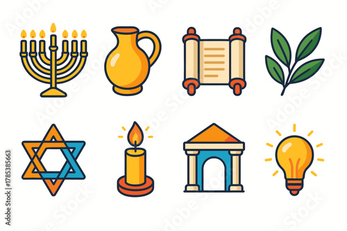 Sacred Heritage Icons. Sacred Heritage modern flat icon set: menorah glow, oil jug, scroll, olive leaves, Star of David, candle, temple arch, light.
