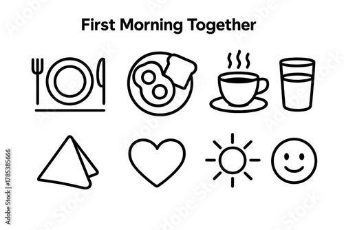 Breakfast Icons Radiance. First Morning Together outline icon set: table setting, eggs and toast, cup of tea, orange juice, folded napkin, heart, sunlight, smile.