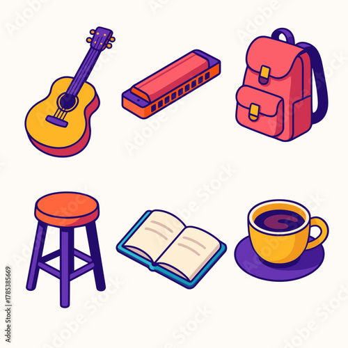 Acoustic Duo Essentials. Acoustic Duo modern flat icon set: acoustic guitar, harmonica, backpack, stool, open notebook, coffee cup.