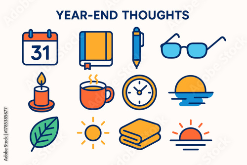 Year-End Reflection Icons. Year-End Thoughts modern flat icon set: calendar page, notebook, pen, glasses, candle flame, warm drink, clock, horizon, plant leaf, light glow, folded