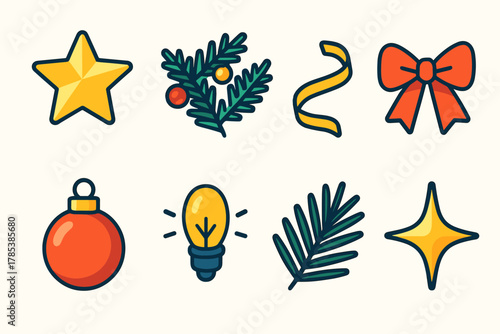Festive Tree Icons. Festive Tree Accent modern flat icon set: shining star, decorated branches, tinsel, red bow, ornament ball, glowing light, pine needles, sparkle.