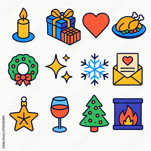 Festive Icon Set. Festive Thankfulness modern flat icon set: glowing candle, wrapped presents, heart, holiday meal, wreath, sparkling light, snowflake, gratitude letter, star
