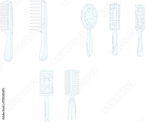 The image features a collection of seven hair combs and brushes, organized in two rows against a clean white background, which enhances visibility and focus on the items.