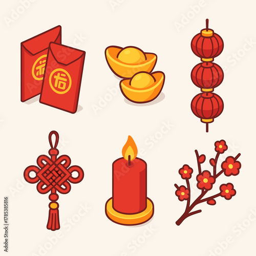 Lunar New Year Icons. Lunar New Year Celebration Decor modern flat icon set: red envelopes, golden ingots, lantern chain, decorative knot, candle, blossom twig.
