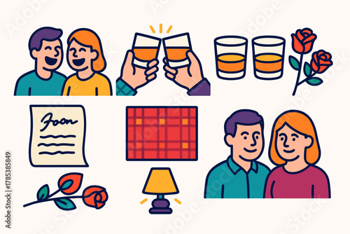 Burns Night Celebration. Burns Night Toast to the Lassies modern flat icon set: laughing guests, toast gesture, whisky cups, red roses, handwritten poem, tartan tablecloth, glowing
