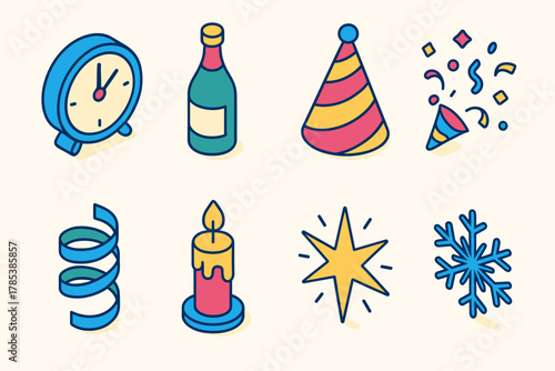 Festive New Year Icons. New Year Eve Cheer modern flat icon set: countdown clock, champagne bottle, party hat, confetti, ribbon swirl, candle, starburst, snowflake.