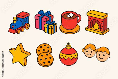 Festive Holiday Icons. Festive Childhood Moments modern flat icon set: toy train, wrapped gifts, cocoa cup, fireplace, cookies, star, Christmas ornament, smiling faces.