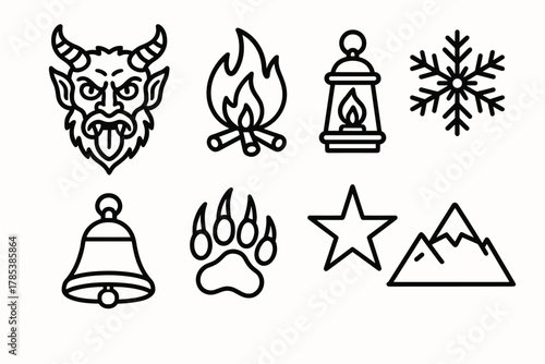 Krampus Symbolic Icons. Krampus Celebration outline icon set: mask, firelight, bell, snowflake, claw print, lantern, star, mountain.