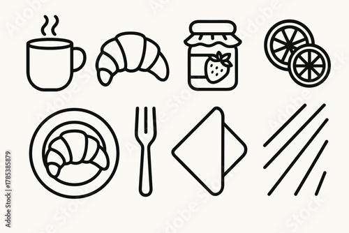 Cozy Breakfast Icons. Cozy Morning Breakfast outline icon set: steaming mug, croissant, jam jar, fruit slices, plate, fork, napkin, light ray.