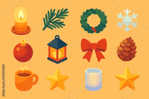 Christmas Icons Collection. Christmas Candlelight Evening modern flat icon set: glowing candle, pine branch, wreath, snowflake, ornament, lantern, ribbon bow, pinecone, cozy mug,