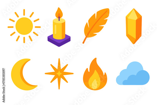 Radiant Spirit Icons. Radiant Spirit modern flat icon set: sunbeam, candle, feather, crystal, moon, starburst, flame, gentle cloud.