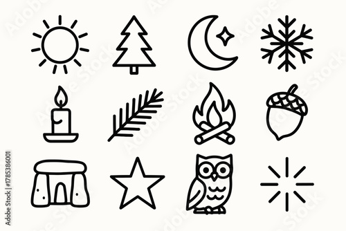 Symbols of Winter Solstice. Winter Solstice Nature Celebration outline icon set: sun symbol, pine tree, moonlight, snowflake, candle, evergreen branch, bonfire, acorn, stone circle