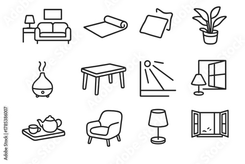 Minimalist Living Room. Peaceful Spaces outline icon set: minimal living room, yoga mat, soft pillow, aromatherapy diffuser, houseplant corner, natural wood table, sunlight beam,