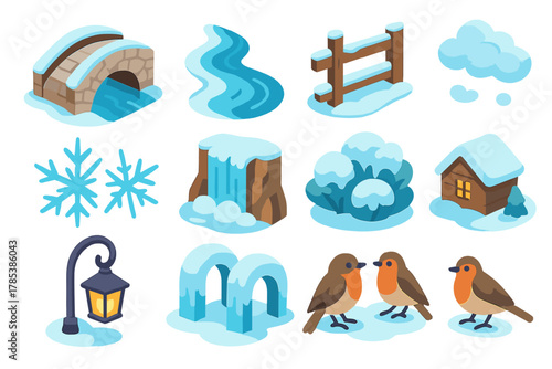 Winter Icons Collection. Rustic Frozen Paths modern flat icon set: old stone bridge, icy river below, snow layers, wooden fence, frost crystals, frozen waterfall, snowy bushes,