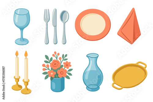 Elegant Tableware Icons. Elegant Table Setting modern flat icon set: crystal glassware, polished silverware, porcelain dish, folded linen, tapered candles, glass carafe, floral
